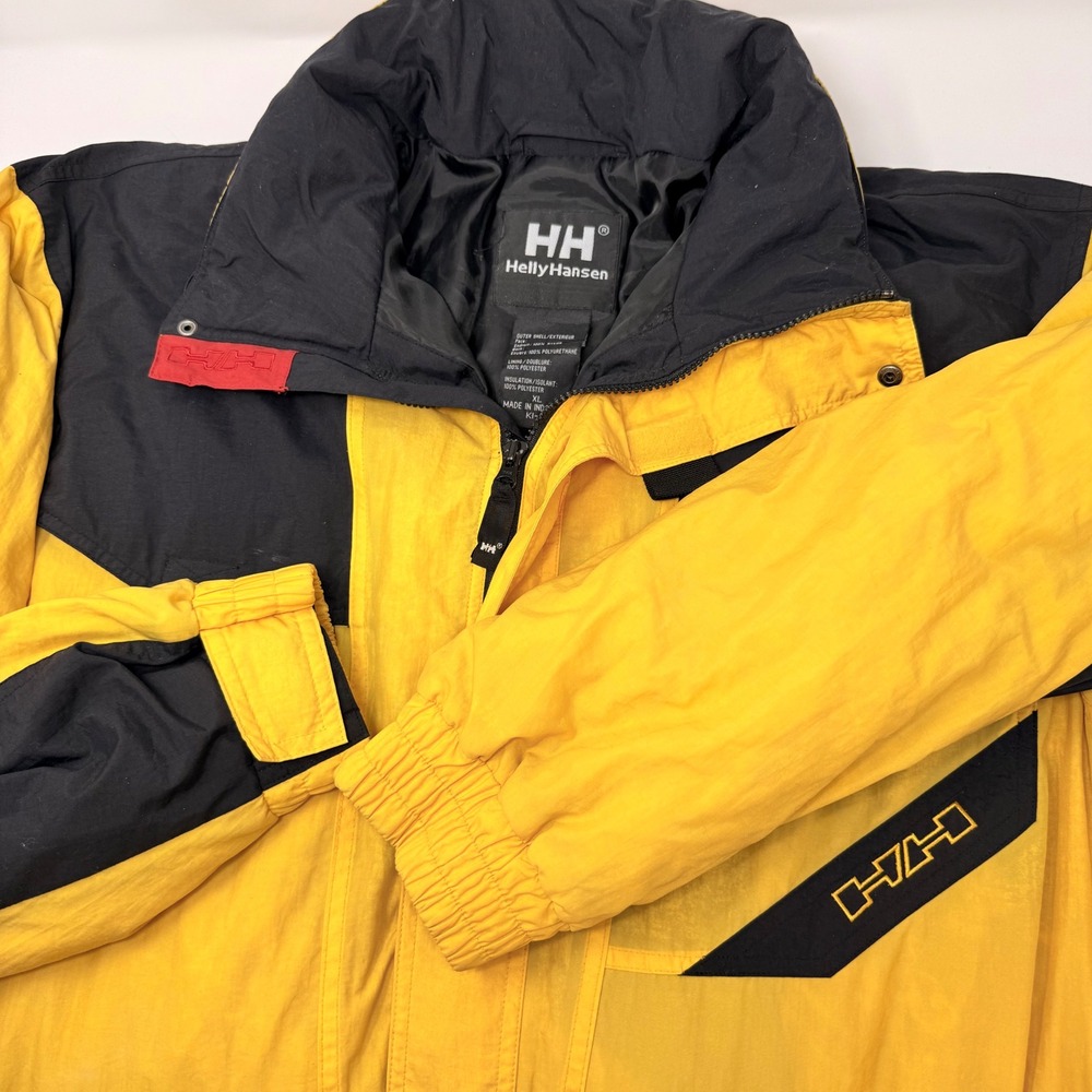 VTG Helly Hansen Mens XL Sailing Jacket Yellow Black 3M Thinsulate HH Logo